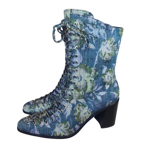 Jeffrey Campbell Hastings Blue Green Floral Tapestry Victorian Boots Lace Up - Picture 1 of 16